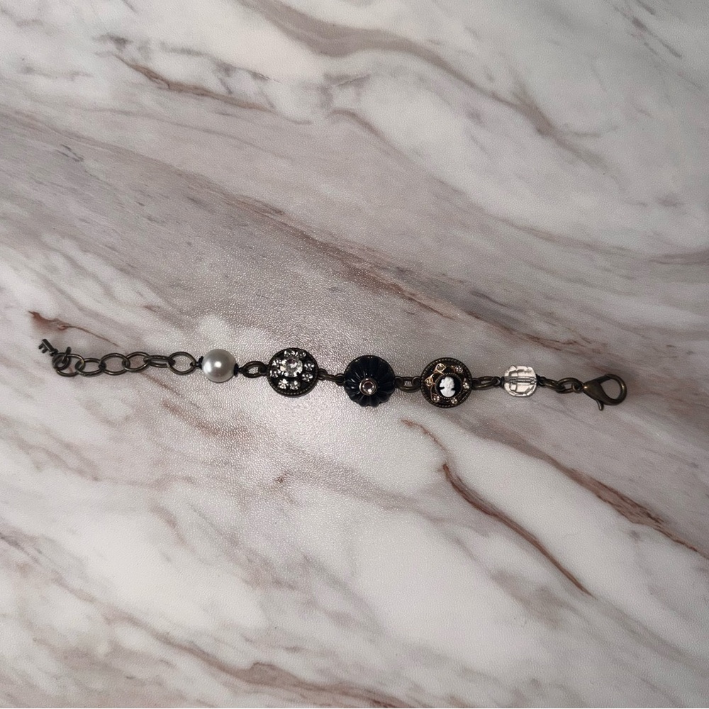 Handmade One-of-a-Kind Charm Bracelet Cameo Pearl Crystal Vintage Gothic Style